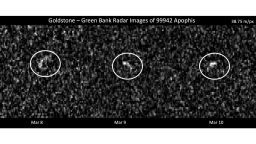 These images represent radar observations of asteroid 99942 Apophis on March 8, 9, and 10, 2021, as it made its last close approach before its 2029 Earth encounter that will see the object pass our planet by less than 325 000 kilometres.
NASA Deep Space Network's Goldstone Deep Space Communications Complex near Barstow, California, and the Green Bank Telescope in West Virginia used radar to precisely track Apophis' motion, gathering data that rules out any chance of Earth impact for at least a century. 
