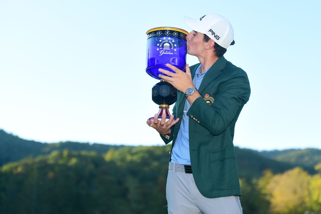 Niemann poses with the trophy after winning the Greenbrier Classic.