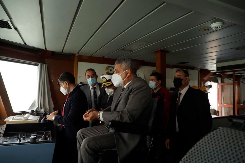 Lt. Gen. Ossama Rabei, the head of the Suez Canal Authority, watches the Ever Given from another vessel on Thursday.