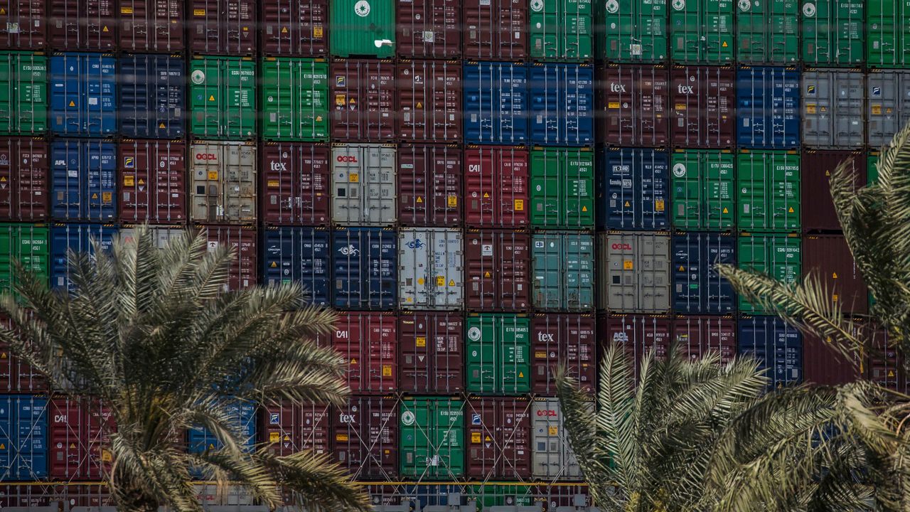 26 March 2021, Egypt, Suez: A general view of "Ever Given", a container ship operated by the Evergreen Marine Corporation which is currently stuck in the Suez canal. The state-run Suez Canal Authority (SCA) announced that nearly 17,000 cubic meters of sand have been dredged around the ship after navigation through the Suez Canal has been temporarily suspended until the full refloating of the Panamanian massive cargo vessel which ran aground on Tuesday in the southern end of the Suez Canal and blocked the traffic in both directions. The ship turned sideways in the Canal, while on the route from China to Rotterdam, due to reduced visibility that resulted from a dust storm hitting the area, according to SCA. Photo by: Samuel Mohsen/picture-alliance/dpa/AP Images