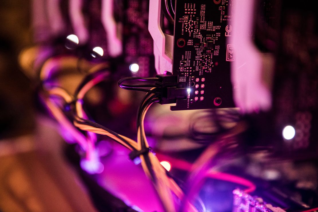 Graphic processing units (GPU) sit stacked inside a 'mining rig' computer, used to mine the Ethereum cryptocurrency, in Budapest, Hungary, on Wednesday, Jan. 31, 2018. 