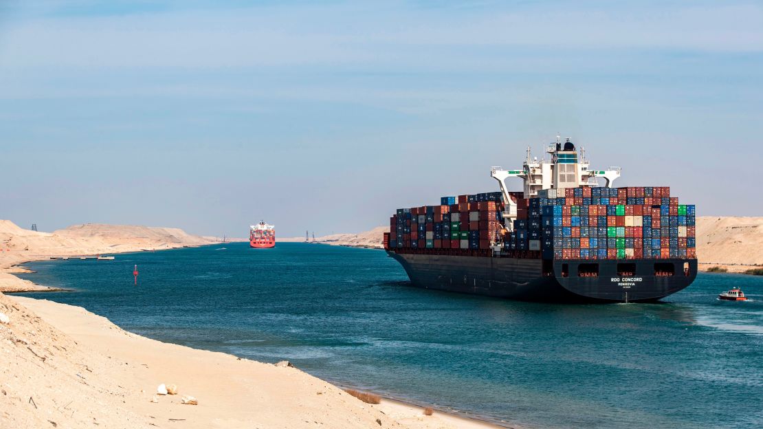 A container ship navigating the Suez Canal. 