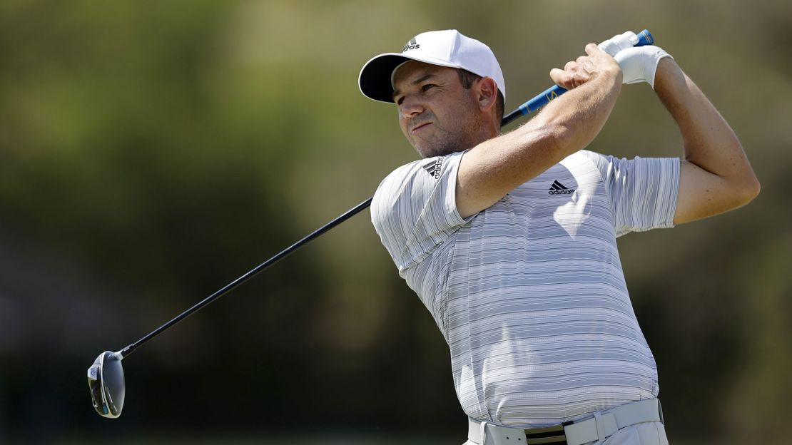 Sergio Garcia of Spain plays his shot on the 16th tee in his match against Matt Wallace of England during the third round of the World Golf Championships-Dell Technologies Match Play at Austin Country Club on March 26, 2021 in Austin, Texas.