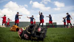 Boston Red Sox players stretch during a team workout on February 12, 2020, in Fort Myers, Florida.