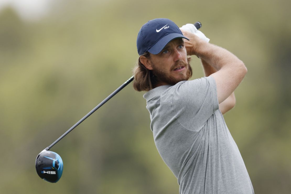 Tommy Fleetwood of England plays his shot on the third tee in his match against Dylan Frittelli of South Africa during the fourth round of the World Golf Championships-Dell Technologies Match Play at Austin Country Club on March 27, 2021 in Austin, Texas.
