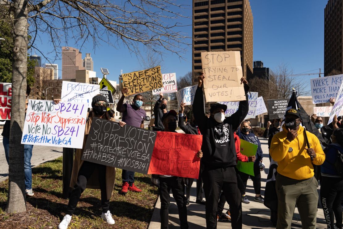 Demonstrators outside the Georgia Capitol protest a proposed state bill to restrict voting rights on March 3, 2021 in Atlanta.
