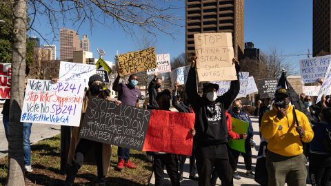Demonstrators outside the Georgia Capitol protest a proposed state bill to restrict voting rights on March 3, 2021 in Atlanta.