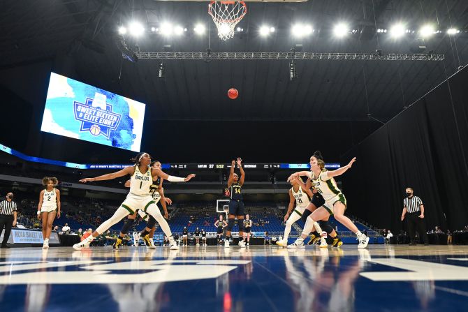 Michigan's Akienreh Johnson shoots a free throw during the Sweet Sixteen game against Baylor.