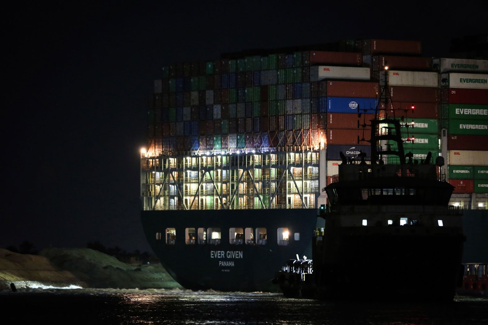 A nighttime view of the massive container ship on Saturday.