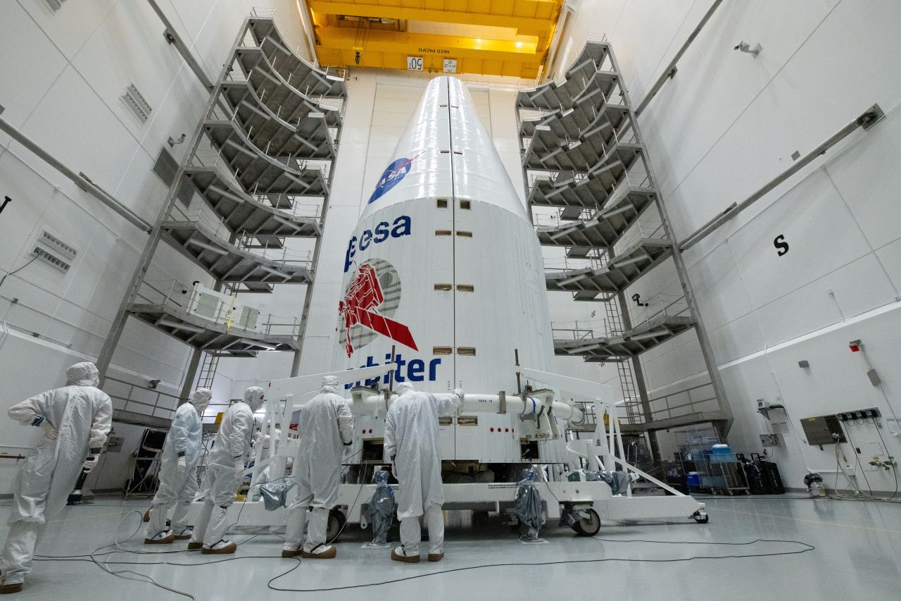 Solar Orbiter was launched inside the US Atlas V 411 rocket, pictured at the Astrotech payload processing facility in Florida, during launch preparations on 21 January 2020.