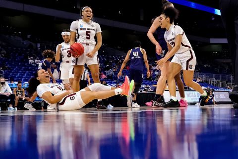 South Carolina's Destiny Littleton, bottom left, reacts to a call during the Gamecocks' Sweet Sixteen win over Georgia Tech.