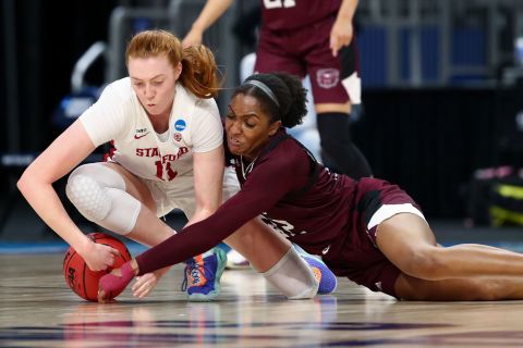 Stanford's Ashten Prechtel, left, and Missouri State's Jasmine Franklin compete for a loose ball. Stanford went on to win 89-62.