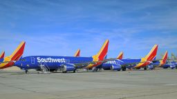 VICTORVILLE, CA - MARCH 31: Southwest Airlines Boeing 737 MAX airliners sit at the Southern Logistics Airport on March 31, 2020, in Victorville, CA. Southwest Airlines had to temporarily store all of its 737 MAX fleet due to the worldwide grounding order as a result of a faulty automated flight control system which is suspected to have contributed to the types crashes in Ethiopia and Indonesia that killed 346 people. (Photo by Barry Ambrose/Icon Sportswire via Getty Images)