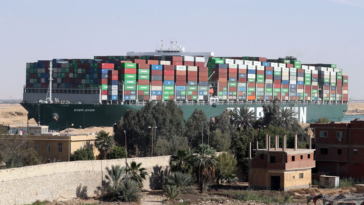The container ship Ever Given moves in the Suez Canal, on March 29. 