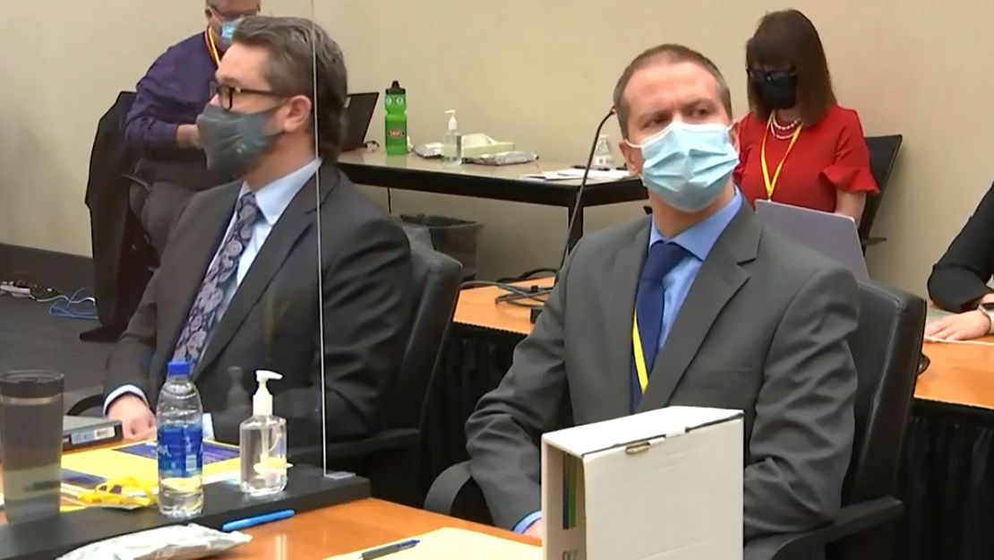 In this image from video, defense attorney Eric Nelson, left, and former Minneapolis police officer Derek Chauvin listen prior to opening statements on Monday, March 29, 2021.