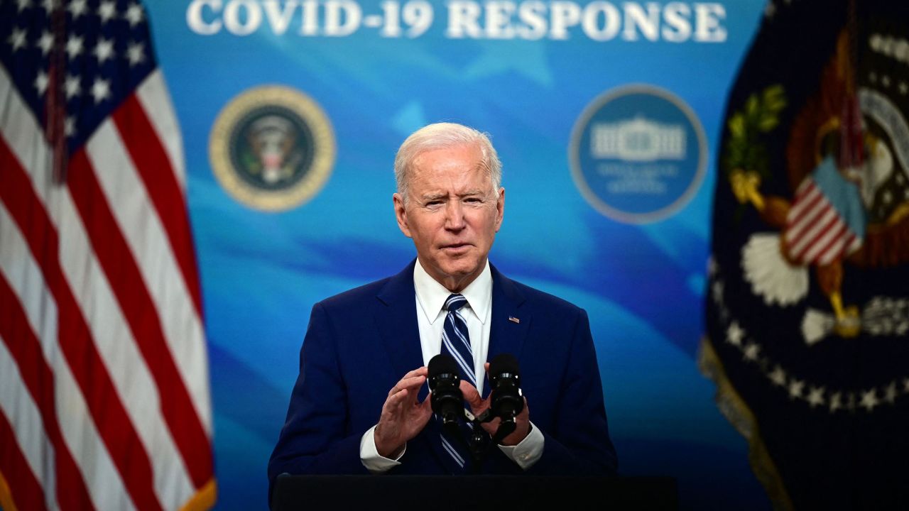 US President Joe Biden with Vice President Kamala Harris (not shown), delivers remarks on Covid-19 response and vaccinations in the South Court Auditorium of the White House in Washington DC, on March 29, 2021. US President Joe Biden's administration on March 29, 2021 announced a set of new actions to ensure that 90 percent of adults will be eligible for vaccination against Covid by April 19.