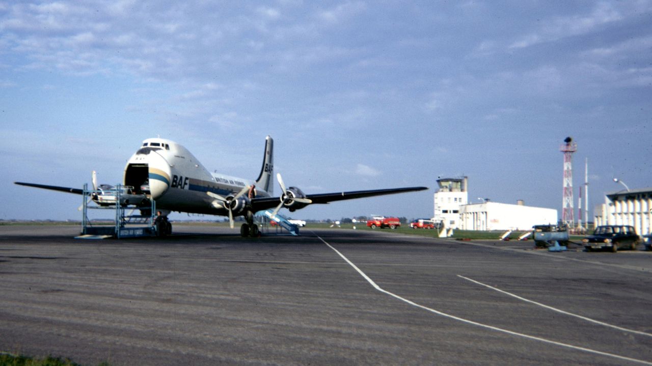 A British Air Ferries Carvair sits on the tarmac at France's Calais Airport in 1968.