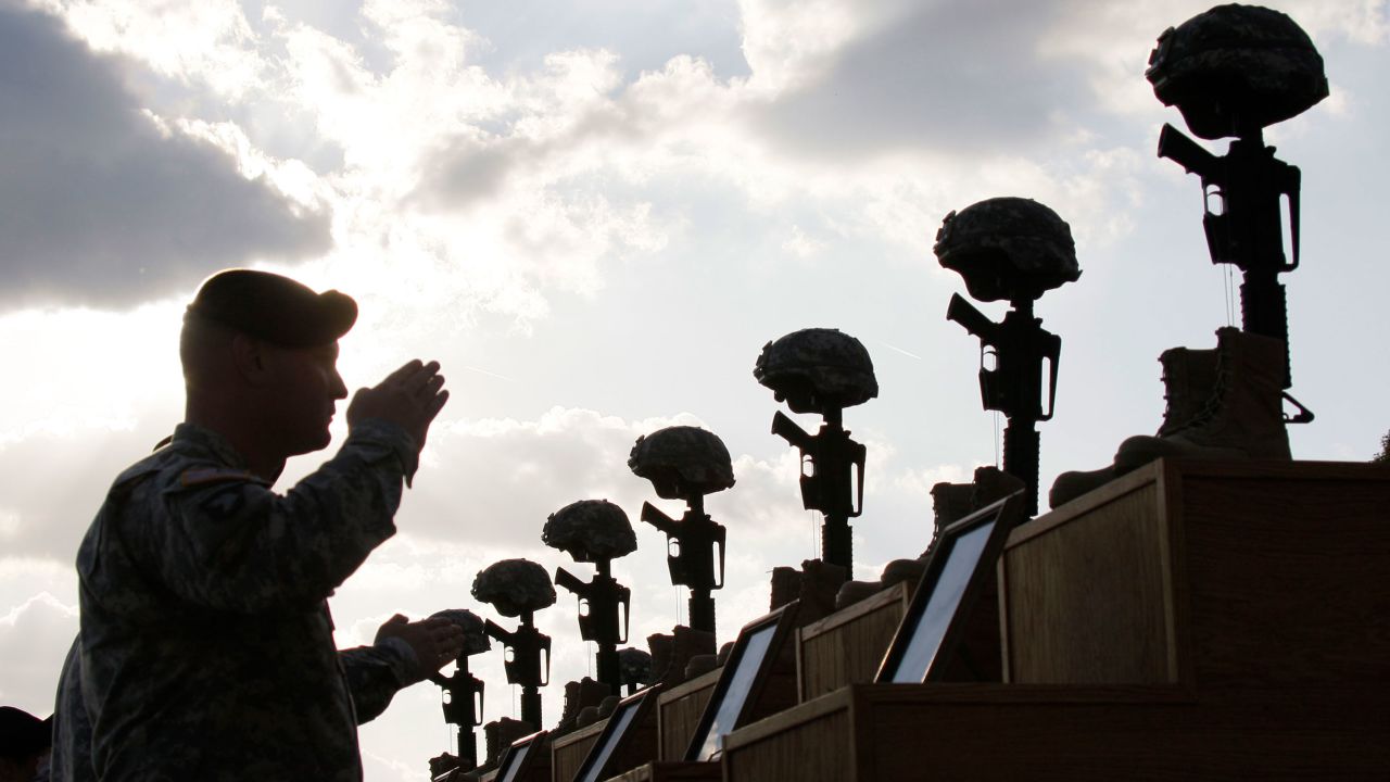 In this November 10, 2009 file photo, soldiers salute as they honor victims of the Fort Hood shooting at a memorial service at Fort Hood, Texas.