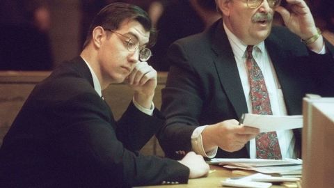 James Burmeister listens as he is convicted of two counts of first-degree murder in Fayetteville, North Carolina, on Feb. 27, 1997.