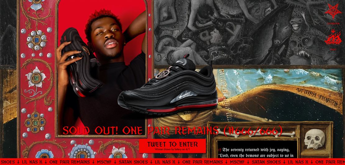 A screen shot of Satanshoes.com shows Lil Nas X holding one of the modified shoes. 