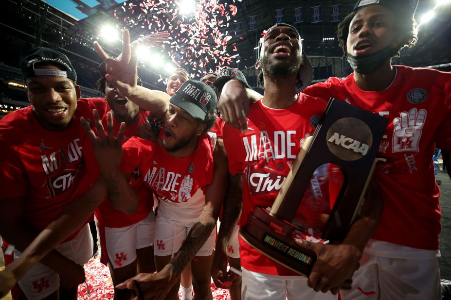 The Houston Cougars celebrate after defeating Oregon State 67-61 in the Elite Eight. Houston's last trip to the Final Four came in 1984.