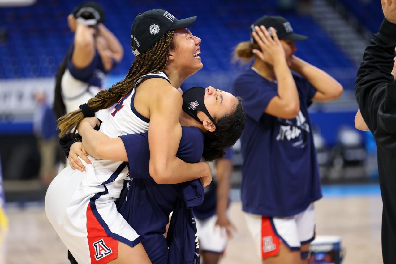 The Arizona Wildcats celebrate after defeating Indiana in the Elite Eight on Monday. This is the first time in school history that the team will play in the Final Four.