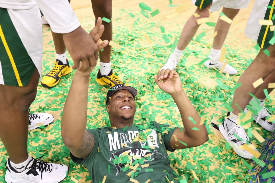 Baylor's Mark Vital enjoys the postgame confetti after the Bears defeated Arkansas to advance to the Final Four. It's Baylor's first trip to the Final Four since 1950.