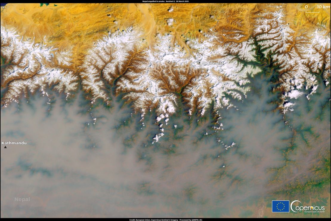This satellite image, acquired by one of the Copernicus Sentinel-2 satellites on March 28, shows the region near Kathmandu engulfed in smoke.