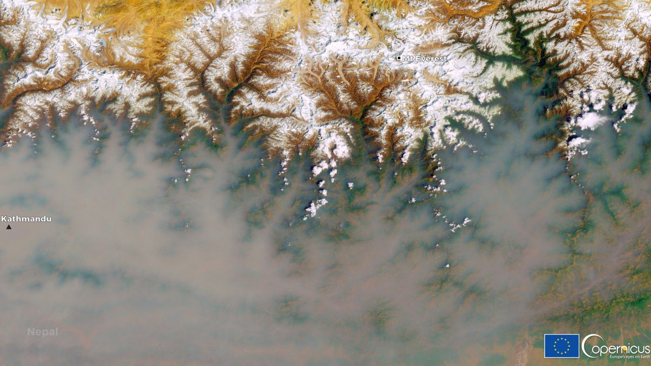 This satellite image, acquired by one of the Copernicus Sentinel-2 satellites on March 28, shows the region near Kathmandu engulfed in smoke.