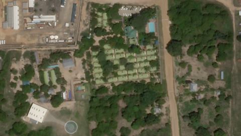 This satellite photo from Planet Labs Inc. shows the Amarula Palma hotel, center, with its helipad below left, in Palma, Mozambique, on Thursday, Jan. 7, 2021.  