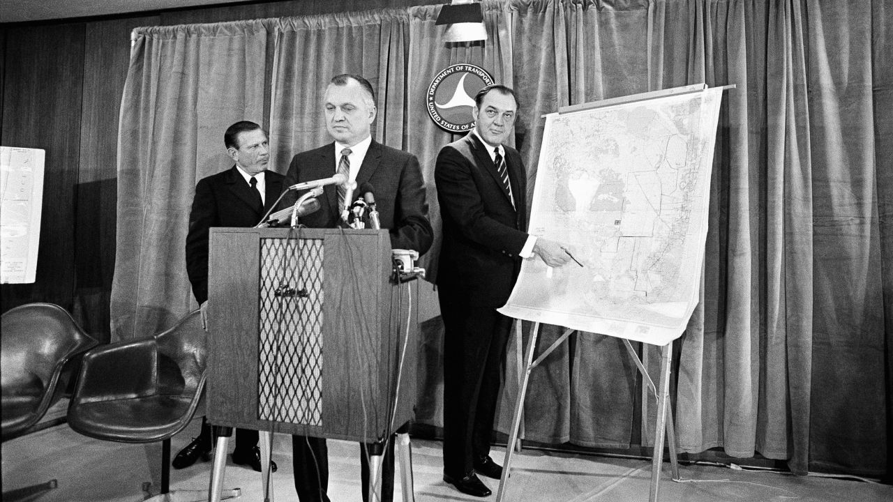 <strong>Objections:</strong> It was controversial from the start, due to potential environmental damage to Everglades National Park. Transportation Secretary John Volpe, left, and Florida Governor Claude Kirk, with map, reported on their 1969 meeting in Washington, calling the jetport proposal "very "doubtful." 