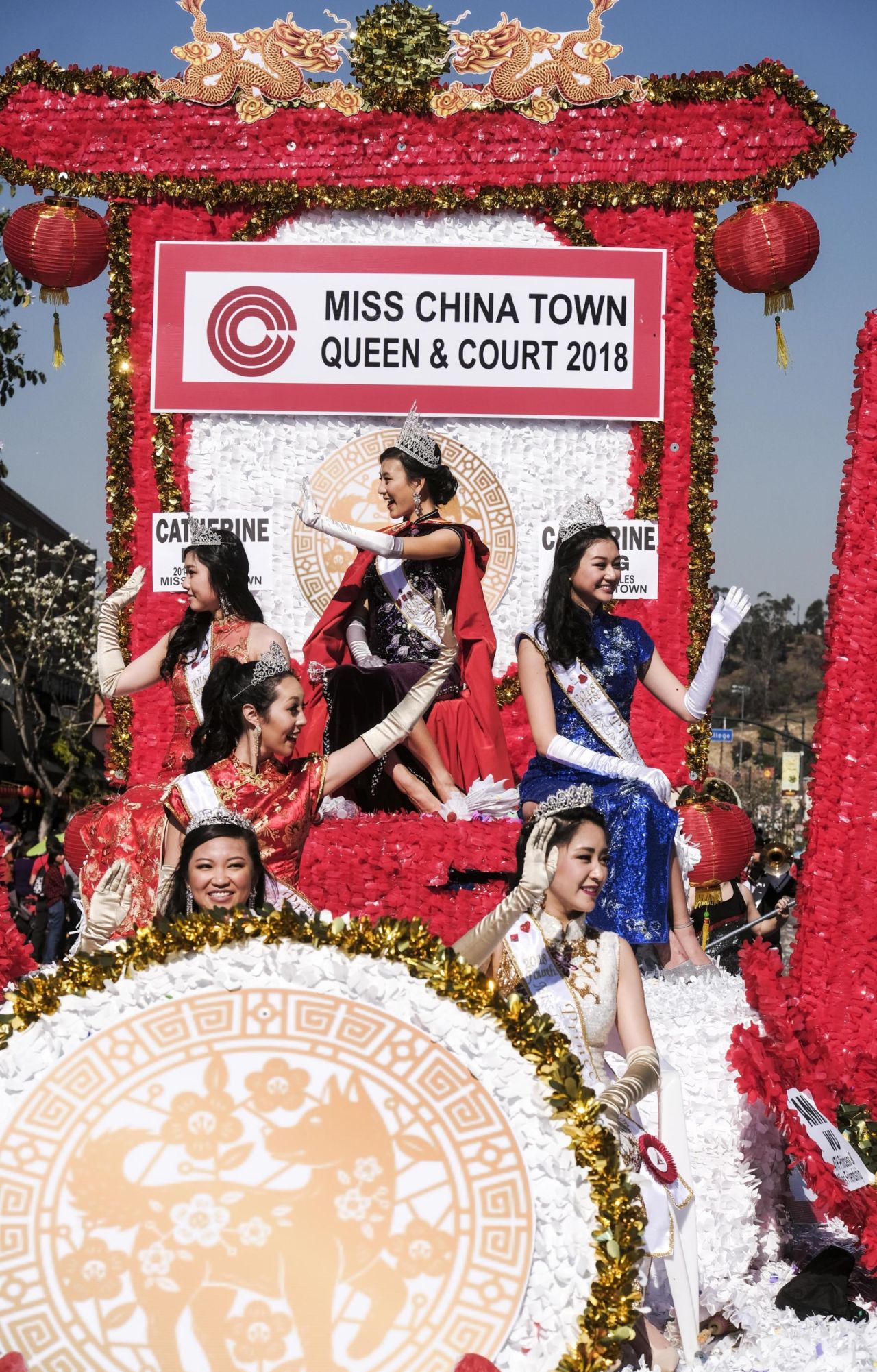 Miss Chinatown Queen and Court ride their float during the 119th annual Chinese New Year ''Golden Dragon Parade'' in the streets of Los Angeles' Chinatown in 2018.