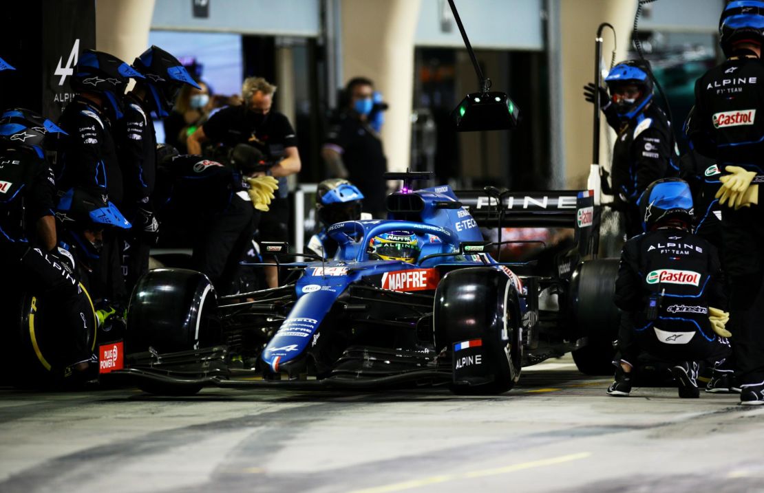 Driving the (14) Alpine A521 Renault, Fernando Alonso stops in the pitlane during the Bahrain Grand Prix.