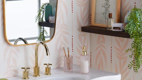 Peach and White Vintage Palm Peel-and-Stick Wallpaper by Drew Barrymore Flower Home 
