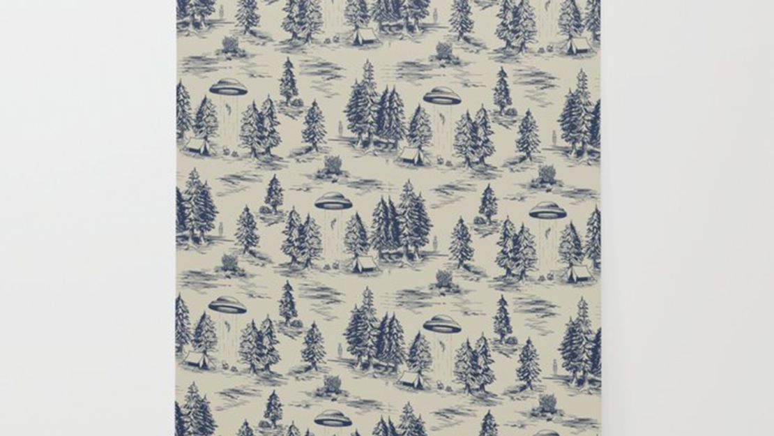 Beth Norton Alien Abduction Toile De Jouy Pattern in Blue Wallpaper