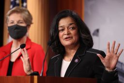 Rep. Pramila Jayapal speaks during a news conference with Sen. Elizabeth Warren in March in Washington D.C.