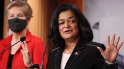 Rep. Pramila Jayapal (D-WA) speaks during a news conference with Sen. Elizabeth Warren (D-MA) to announce legislation that would tax the net worth of America's wealthiest individuals at the U.S. Capitol on March 01, 2021 in Washington, DC. 
