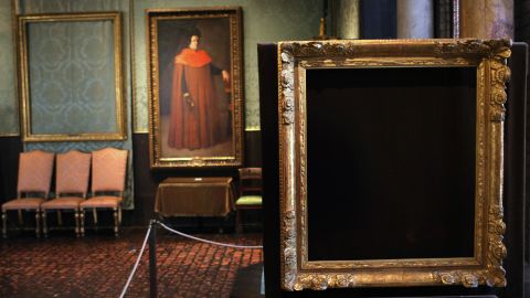 BOSTON - MARCH 13: An empty frame on the right is where Vermeer's "The Concert," circa 1658 - 166, once was.  In the background, the spot where Rembrandt's "The Storm on the Sea of Galilee" used to be.  The anniversary of a major art heist is coming up. (Photo by David L Ryan/The Boston Globe via Getty Images)