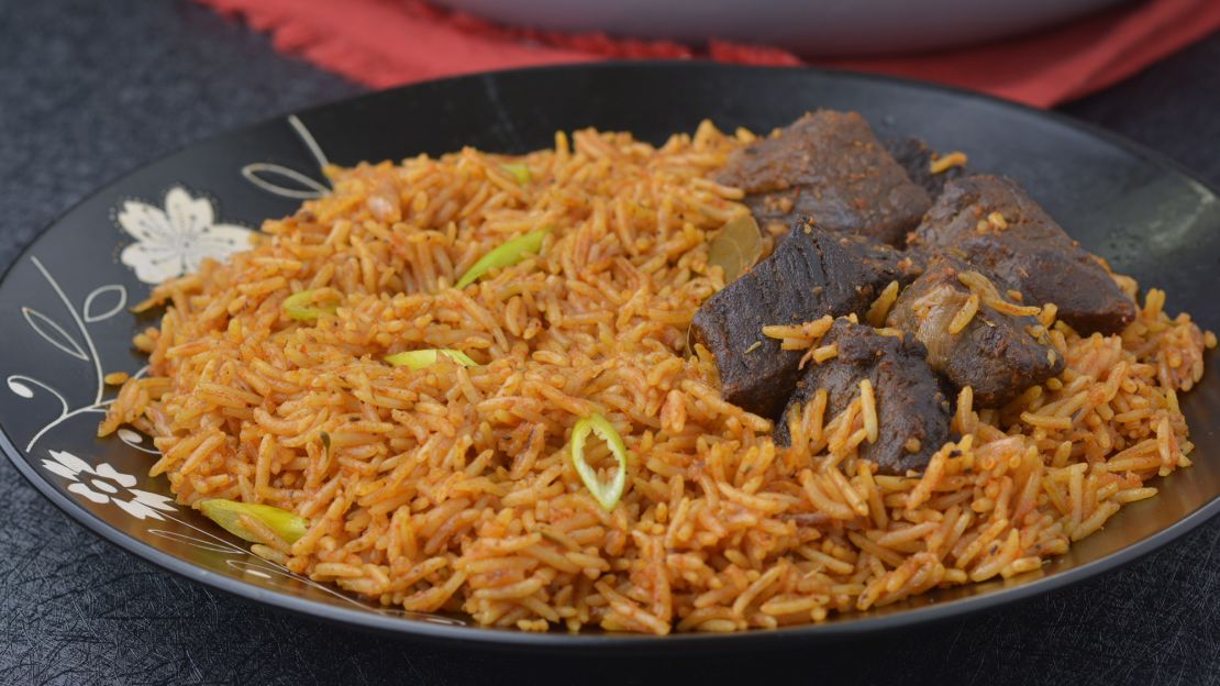 What sets apart Lola Osinkolu's Nigerian jollof rice is the added step of roasting the bell peppers, tomatoes, onion and garlic. 