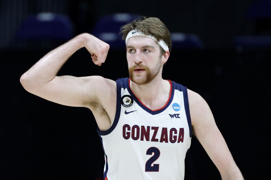 Gonzaga's Drew Timme flexes during the first half of the USC game. He finished with 23 points.