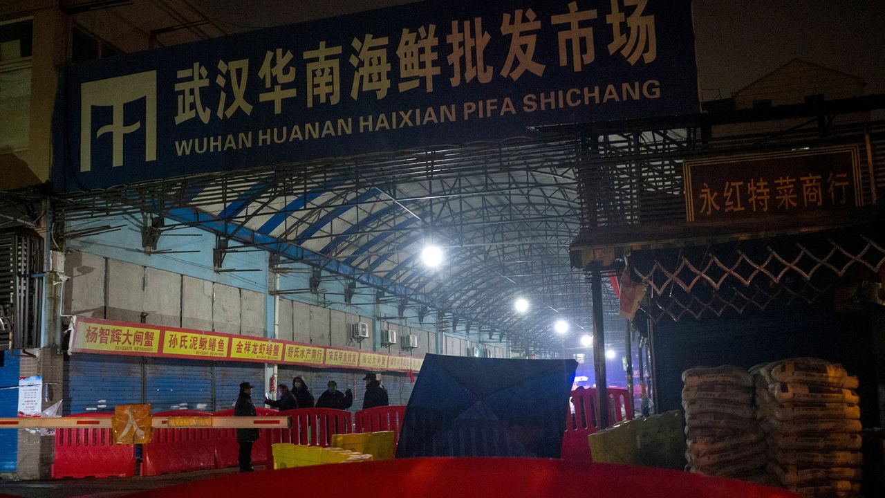 Security guards stand in front of the Huanan Seafood Market in Wuhan on January 11, 2020.