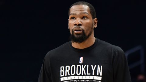 Durant looks on before the Nets' game against the LA Clippers.