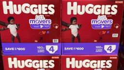 Huggies brand Little Movers diapers for toddlers and babies, for sale at a Sam's Club store in Woodbury, Minnesota on February 27, 2020.