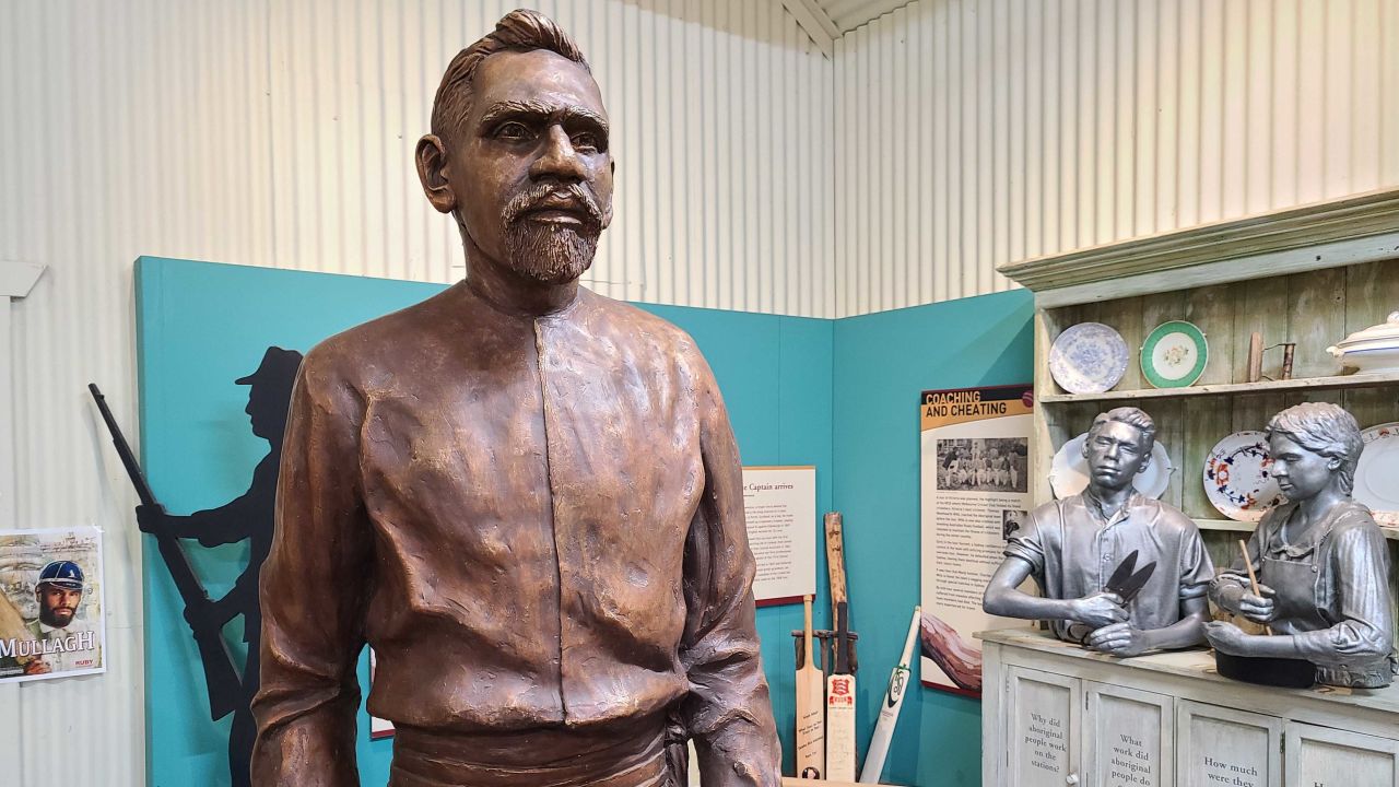 A statue of Aboriginal cricket legend Johnny Mullagh in the Harrow Discovery Center in Harrow, Australia.
