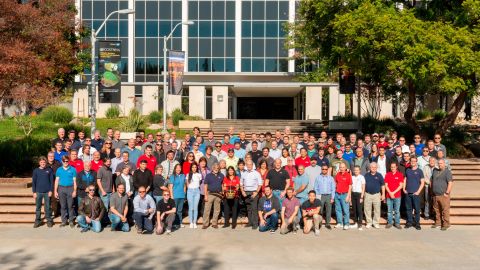 The Mars helicopter team is seen outside of NASA's Jet Propulsion Laboratory on December 3, 2018.