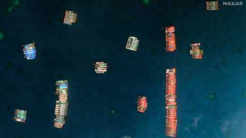 This satellite image provided by Maxar Technologies shows Chinese vessels in the Whitsun Reef located in the disputed South China Sea. Tuesday, March 23, 2021.
