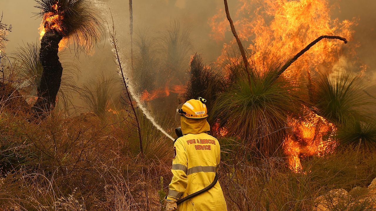 Fire crews fight bush fires in Perth, Australia, on February 2, 2021.
