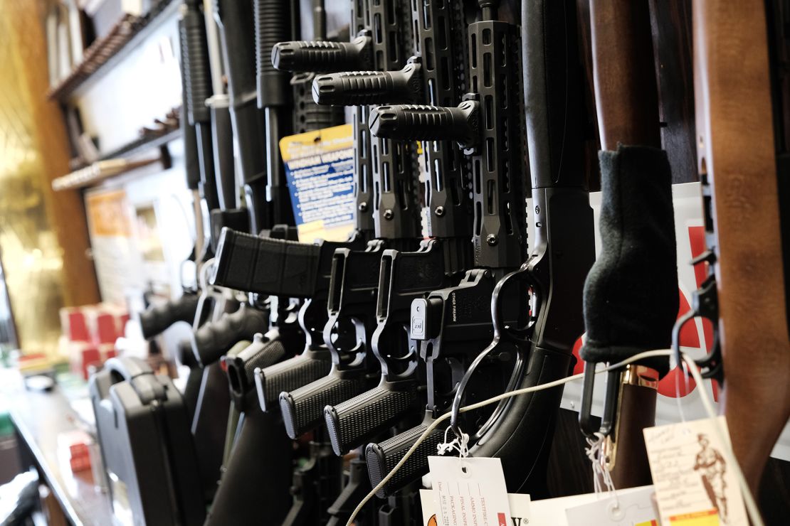 Few rifles remain on the shelf at Caso's Gun-A-Rama store on March 25, 2021 in Jersey City, New Jersey.