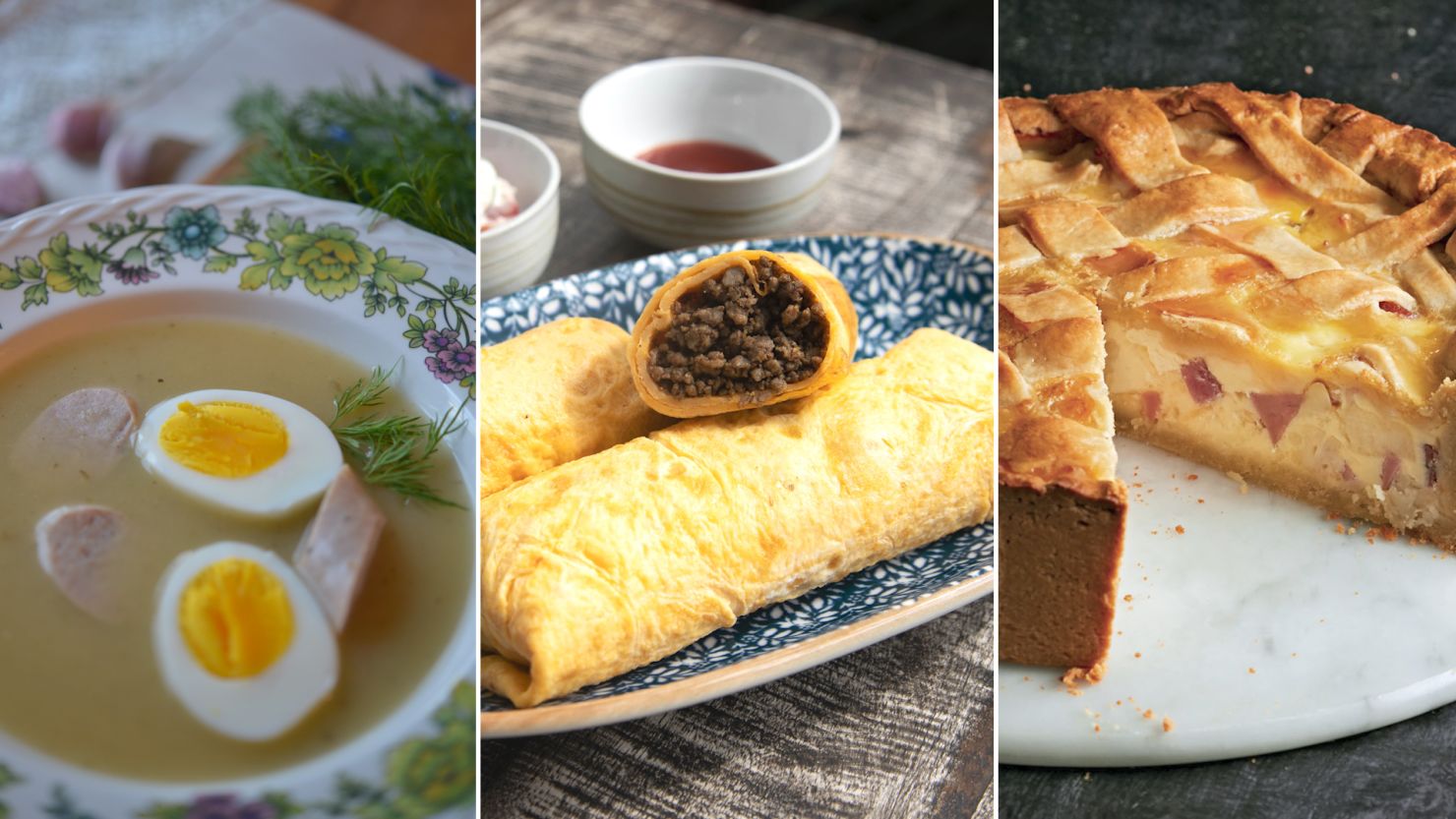 Celebrate Easter with these festive dishes (from left): Polish żurek, or sour rye soup; Singaporean beef murtabak; and Italian pizza rustica.