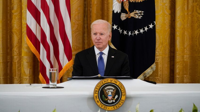U.S. President Joe Biden speaks briefly to the press at the start of a cabinet meeting in the East Room of the White House on April 1, 2021 in Washington, DC. T